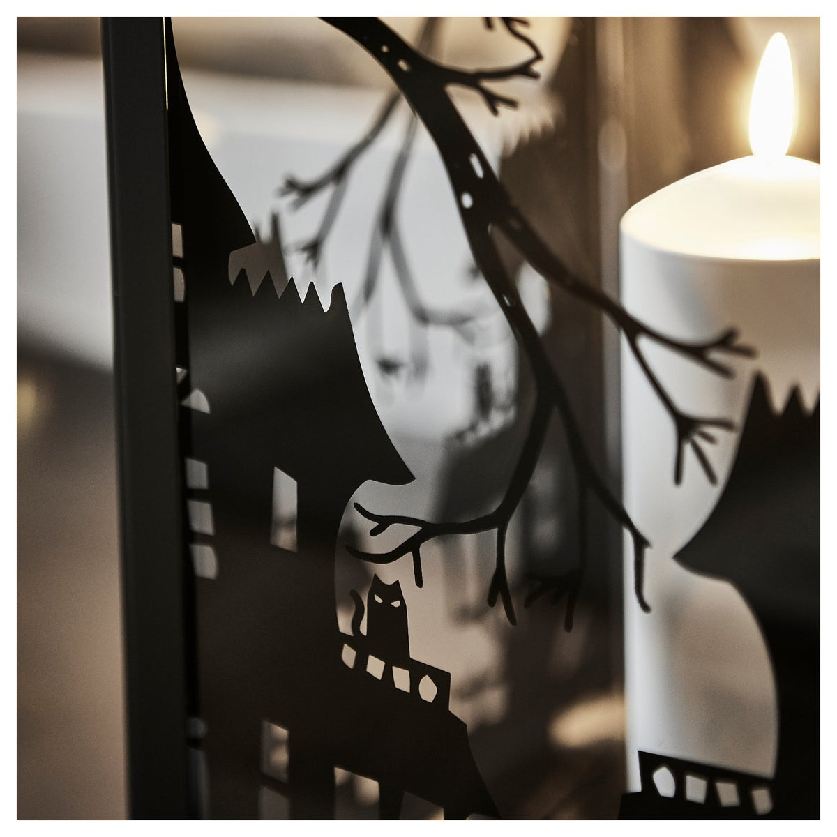 KUSTFYR lantern for pillar candle, in/out, black, 44 cm