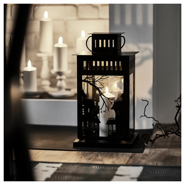 KUSTFYR lantern for pillar candle, in/out, black, 44 cm