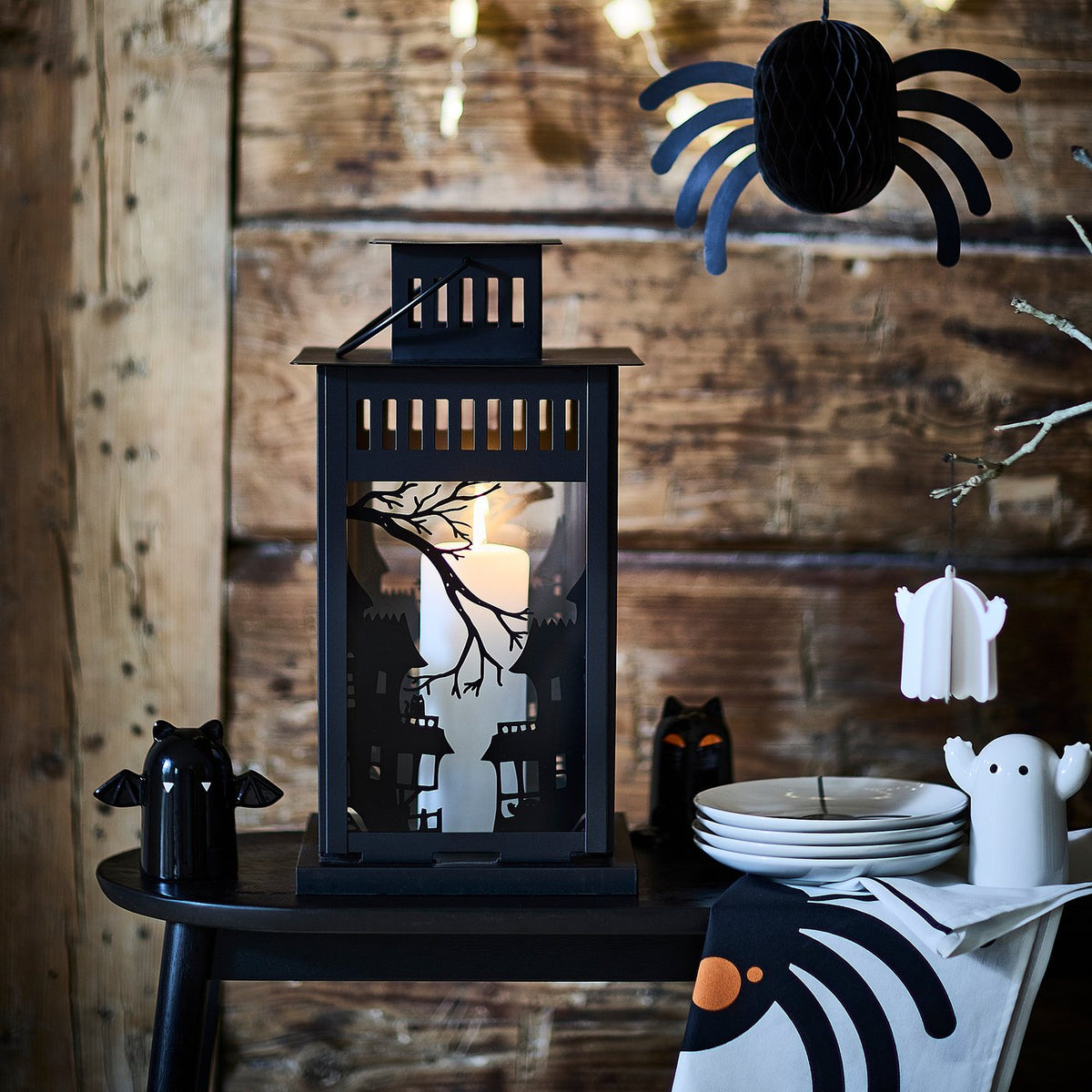 KUSTFYR lantern for pillar candle, in/out, black, 44 cm