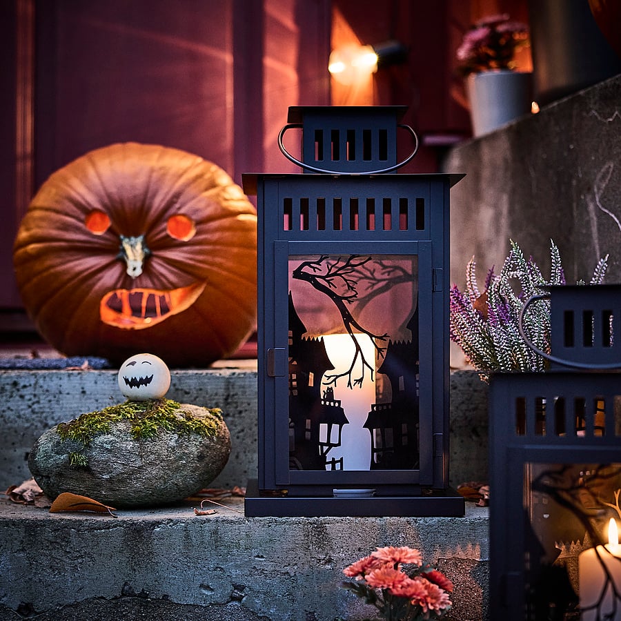 KUSTFYR lantern for pillar candle, in/out, black, 44 cm