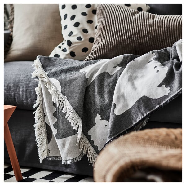 KUSTFYR throw, ghost pattern white/black, 130x170 cm