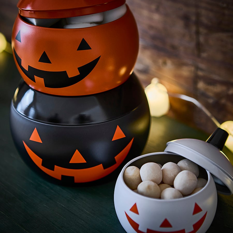 KUSTFYR tin with lid, set of 3, pumpkin-shaped mixed colours