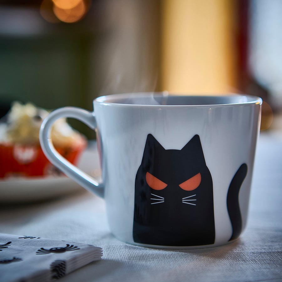 KUSTFYR mug, cat pattern white/black, 36 cl