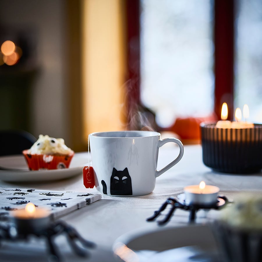 KUSTFYR mug, cat pattern white/black, 36 cl