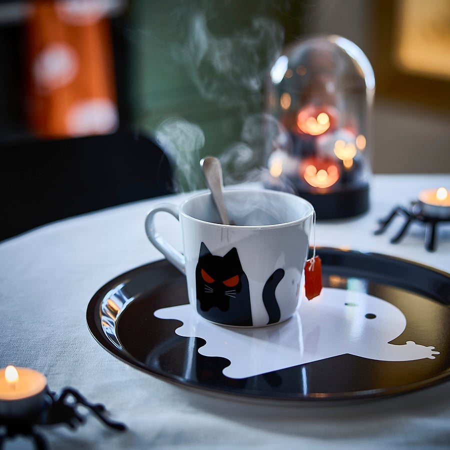 KUSTFYR mug, cat pattern white/black, 36 cl