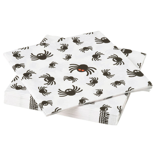 KUSTFYR paper napkin, spider pattern white/black, 33x33 cm, 30 pack