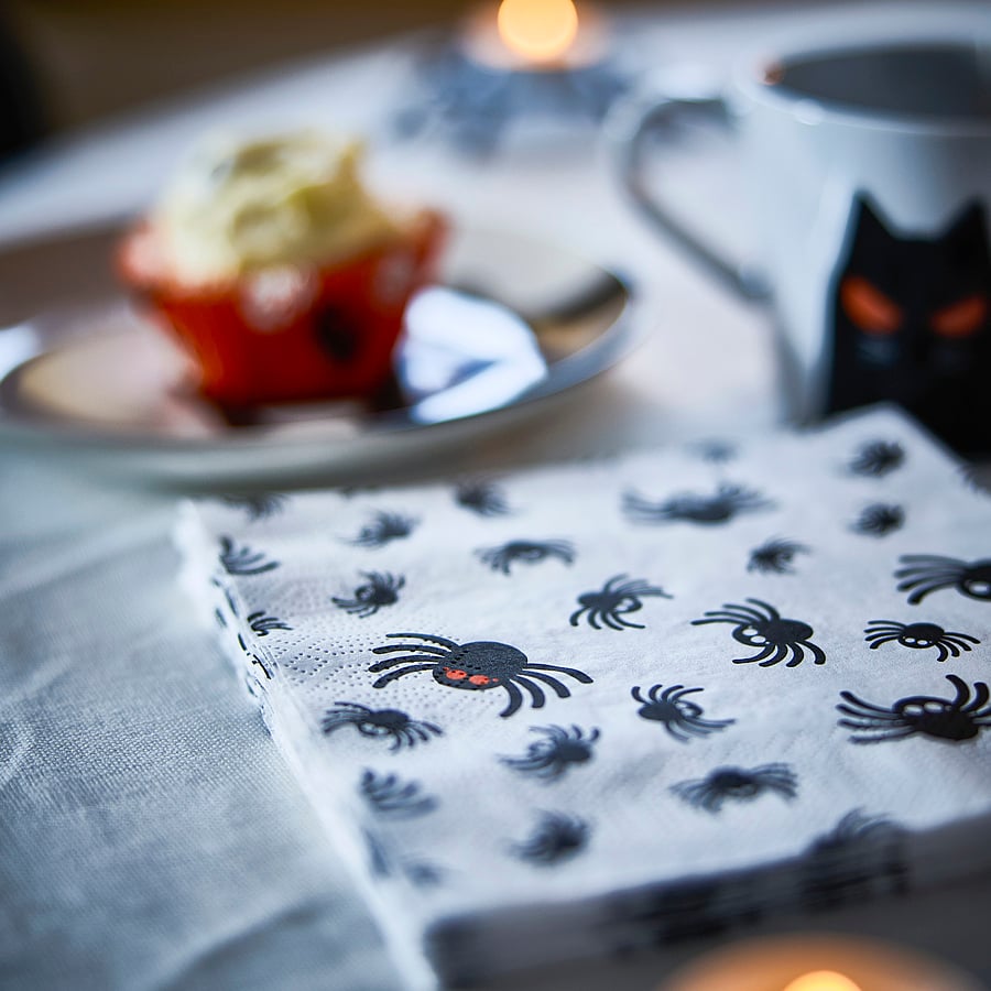 KUSTFYR paper napkin, spider pattern white/black, 33x33 cm, 30 pack