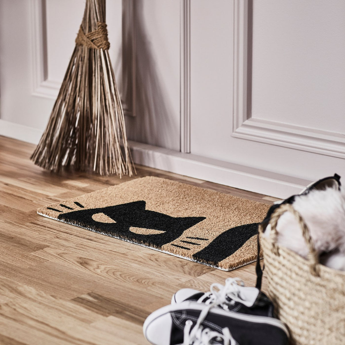 KUSTFYR door mat, cat pattern black/natural, 40x60 cm