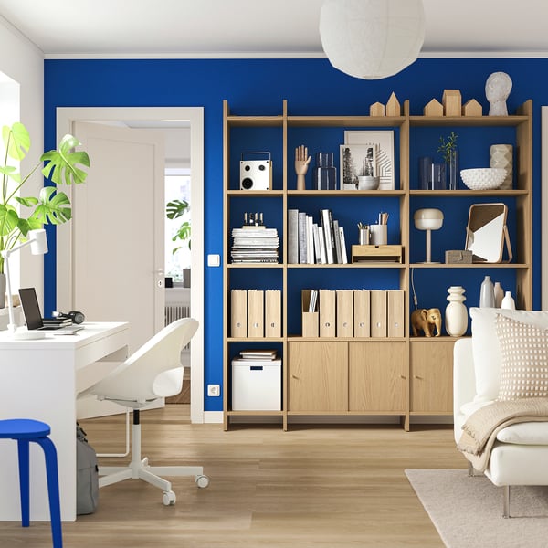 LÅDMAKARE storage combination w sliding doors, with 11 shelves/oak effect, 198x35x212 cm