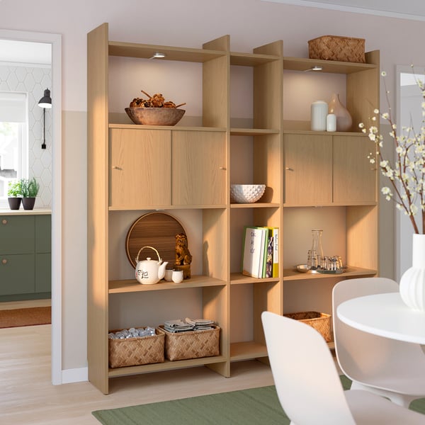 LÅDMAKARE storage combination w sliding doors, with 11 shelves/oak effect, 198x35x212 cm
