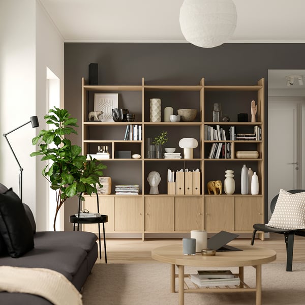 LÅDMAKARE storage combination w sliding doors, with 2 shelf inserts/oak effect, 238x35x212 cm