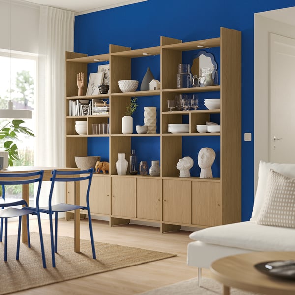 LÅDMAKARE storage combination w sliding doors, with 2 shelf inserts/oak effect, 238x35x212 cm