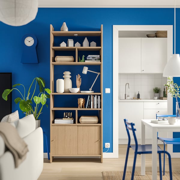 LÅDMAKARE storage combination w sliding doors, with 2 shelf inserts/oak effect, 81x35x212 cm