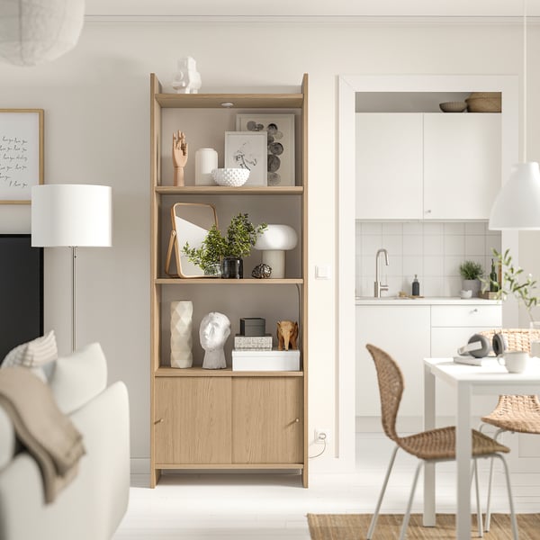 LÅDMAKARE storage combination w sliding doors, with 3 shelves/oak effect, 81x35x212 cm