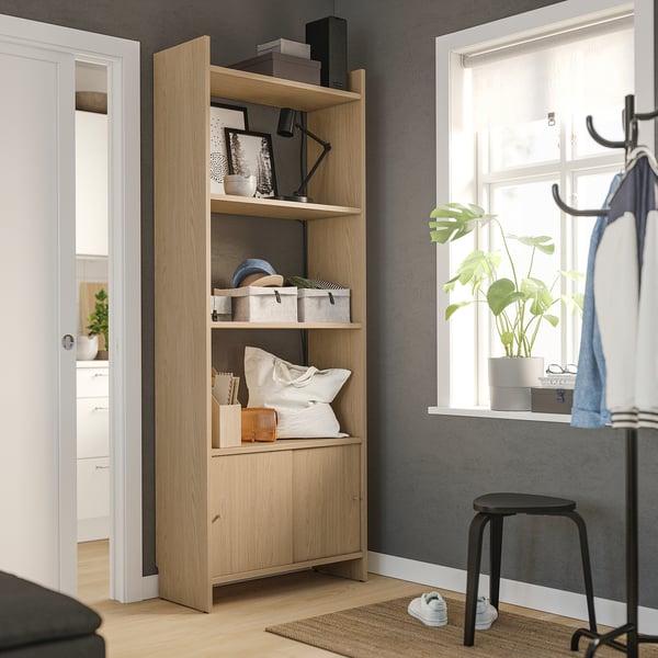 LÅDMAKARE - LÅDMAKARE Storage combination w sliding doors, with 3 shelves/oak effect, 81x35x212 cm