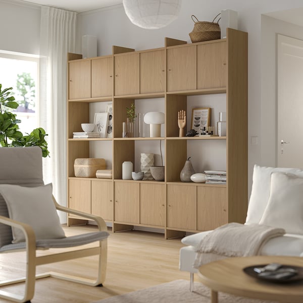 LÅDMAKARE storage combination w sliding doors, with 3 shelves/oak effect, 238x35x212 cm