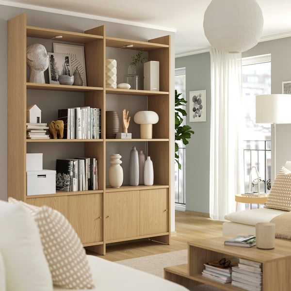 LÅDMAKARE - LÅDMAKARE Storage combination w sliding doors, with 6 shelves/oak effect, 159x35x212 cm