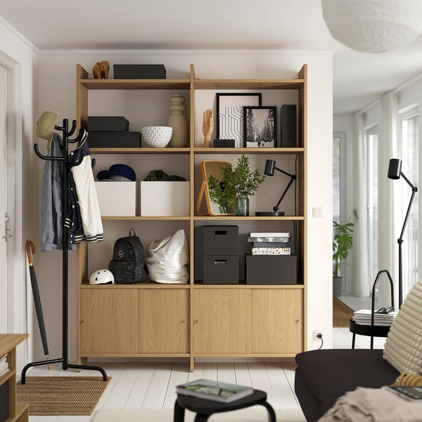 LÅDMAKARE storage combination w sliding doors, with 6 shelves/oak effect, 159x35x212 cm