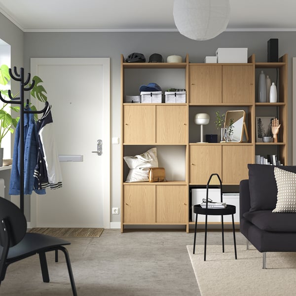LÅDMAKARE storage combination w sliding doors, with 7 shelves/oak effect, 198x35x212 cm