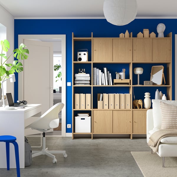 LÅDMAKARE storage combination w sliding doors, with 7 shelves/oak effect, 198x35x212 cm