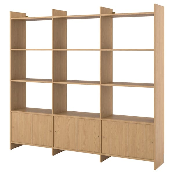 LÅDMAKARE - Storage combination w sliding doors, with 9 shelves/oak effect, 238x35x212 cm
