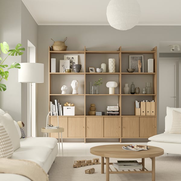 LÅDMAKARE storage combination w sliding doors, with 9 shelves/oak effect, 238x35x212 cm