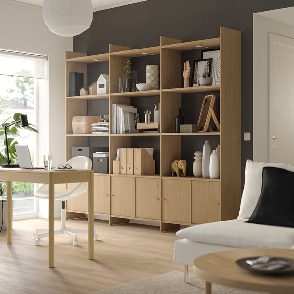 LÅDMAKARE storage combination w sliding doors, with 9 shelves/oak effect, 238x35x212 cm