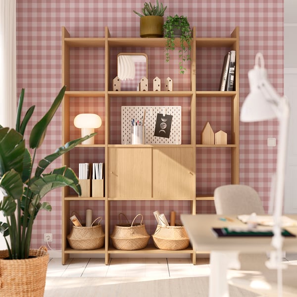 LÅDMAKARE storage combination w sliding doors, with shelves/oak effect, 158x35x212 cm