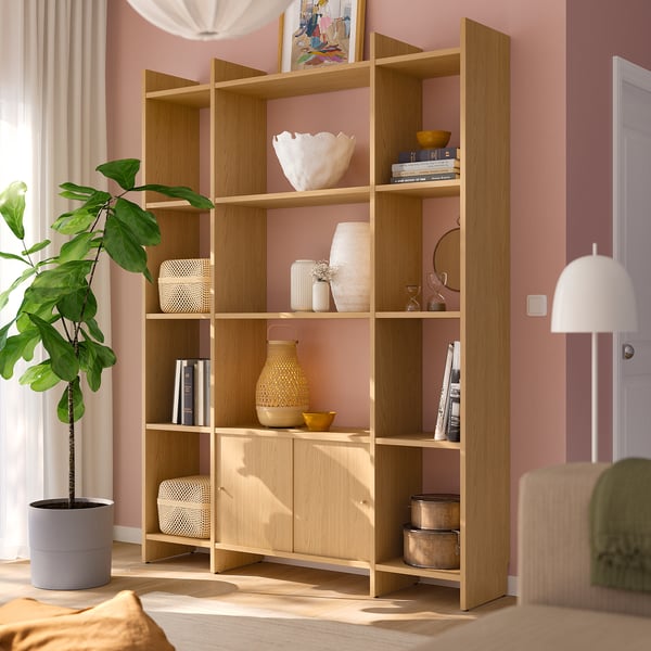 LÅDMAKARE - LÅDMAKARE Storage combination w sliding doors, with shelves/oak effect, 158x35x212 cm