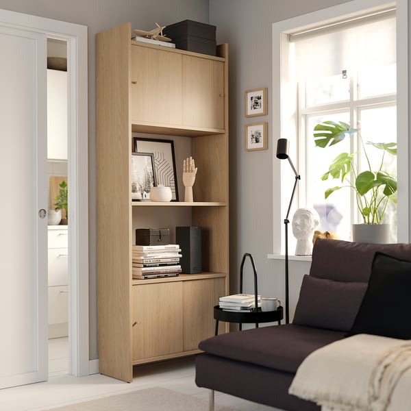 LÅDMAKARE - LÅDMAKARE Storage combination w sliding doors, with shelf/oak effect, 81x35x212 cm