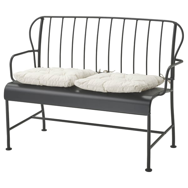 LÄCKÖ 2-seat sofa, outdoor, grey/Kuddarna light grey-beige, 115x87x56 cm