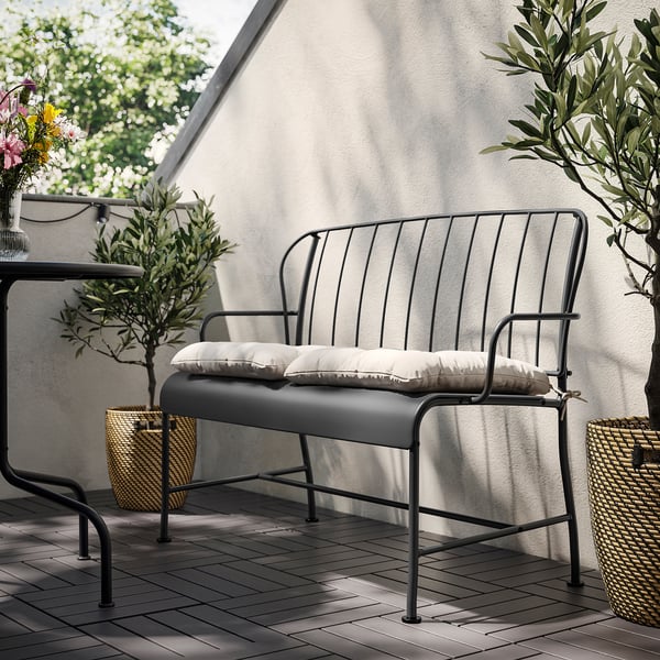 LÄCKÖ 2-seat sofa, outdoor, grey/Kuddarna light grey-beige, 115x87x56 cm