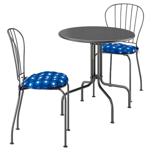 LÄCKÖ - Table + 2 garden chairs, grey/Klösan dark blue, 70 cm