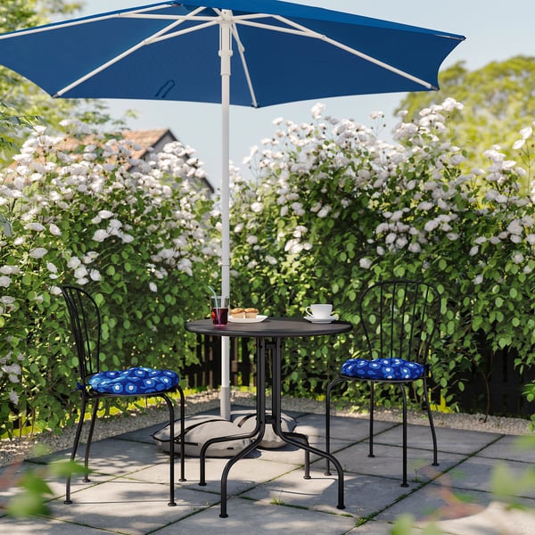 LÄCKÖ - Table + 2 garden chairs, grey/Klösan dark blue, 70 cm