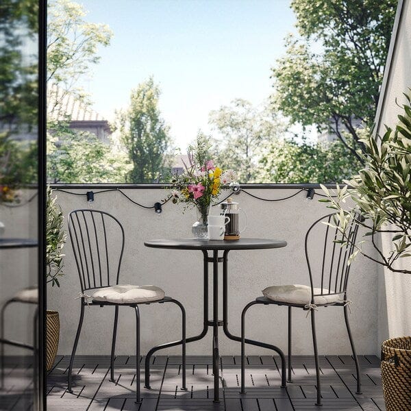 Ikea LÄCKÖ - Table+2 garden chairs, gray/Kuddarna gray-light beige,70 cm