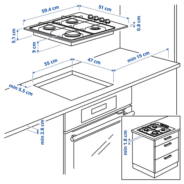 LAGAN gas hob, stainless steel, 59 cm