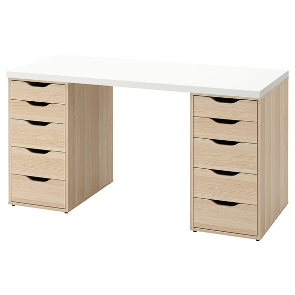 LAGKAPTEN / ALEX desk, white/white stained oak effect, 140x60 cm