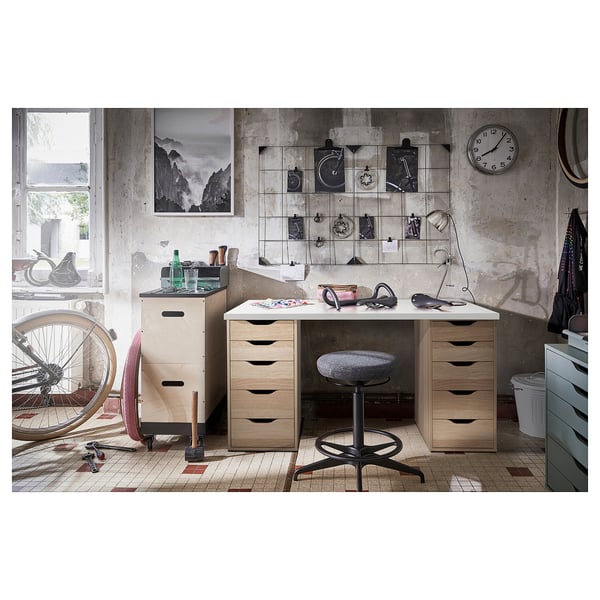 LAGKAPTEN / ALEX desk, white/white stained oak effect, 140x60 cm