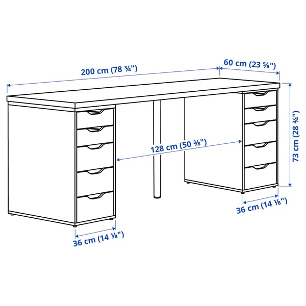LAGKAPTEN / ALEX desk, white/black-brown, 200x60 cm