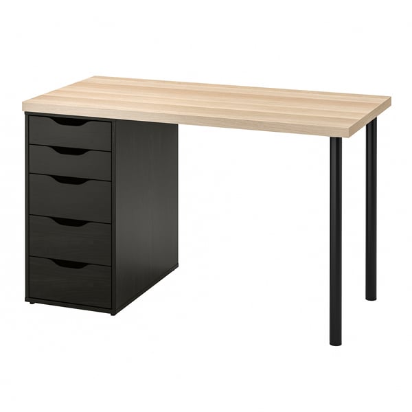 LAGKAPTEN / ALEX desk, white stained oak effect/black-brown, 120x60 cm