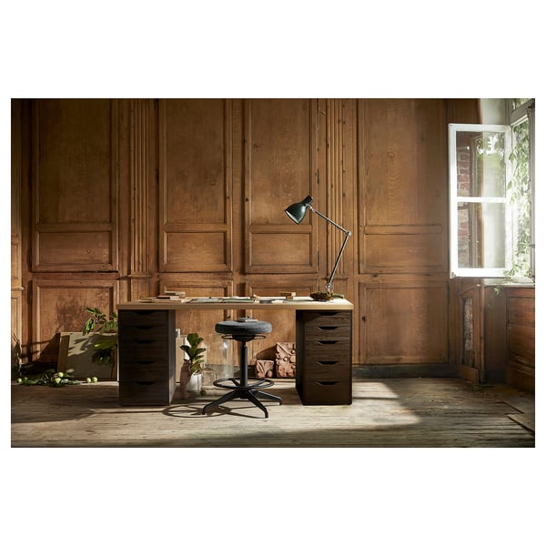 LAGKAPTEN / ALEX desk, white stained oak effect/black-brown, 140x60 cm