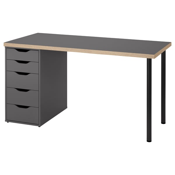 LAGKAPTEN / ALEX desk, grey/wood effect black, 140x60 cm
