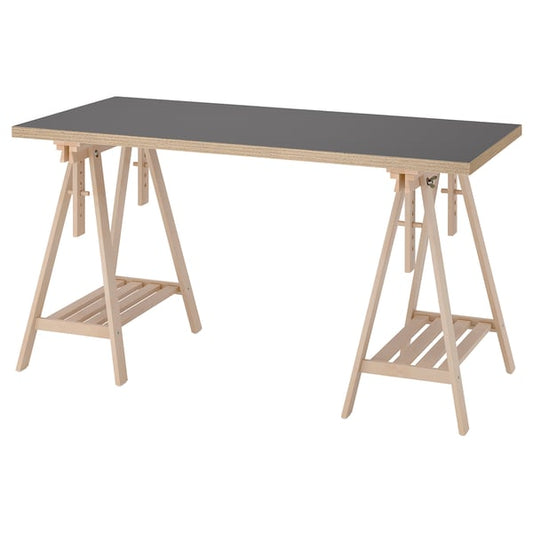 LAGKAPTEN / MITTBACK - LAGKAPTEN / MITTBACK Desk, grey/wood effect birch, 140x60 cm