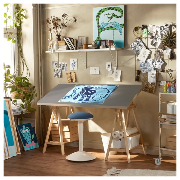 LAGKAPTEN / MITTBACK desk, grey/wood effect birch, 140x60 cm