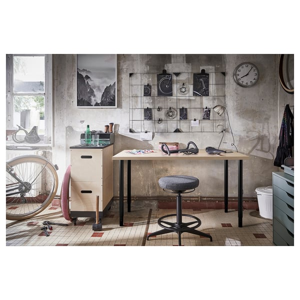 LAGKAPTEN / OLOV desk, white stained oak effect/black, 140x60 cm