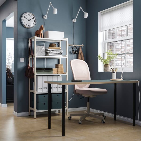 LAGKAPTEN / OLOV desk, grey-turquoise/black, 140x60 cm