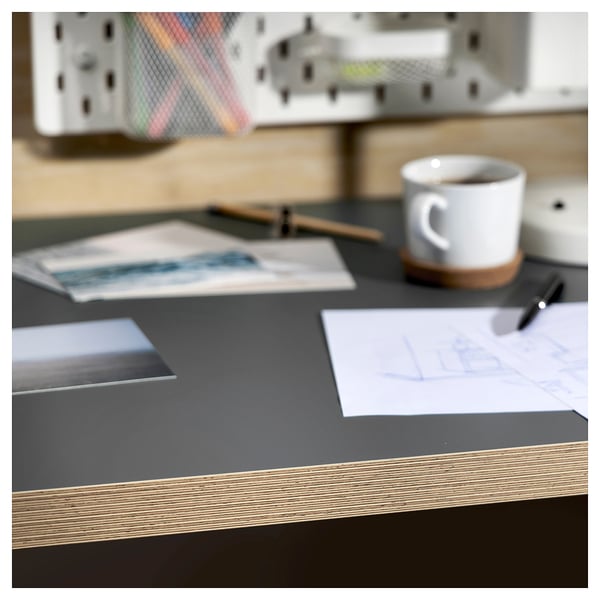LAGKAPTEN - Table Top, dark grey/wood effect,140x60 cm