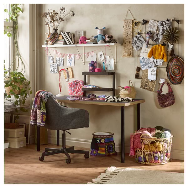 LAGKAPTEN table top, dark grey/wood effect, 140x60 cm