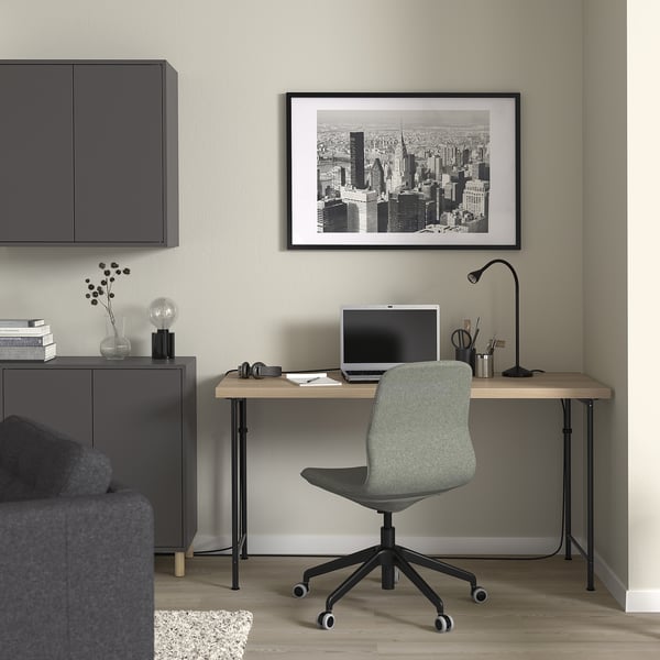 LAGKAPTEN / SPÄND desk, white stained oak effect/black, 140x60 cm