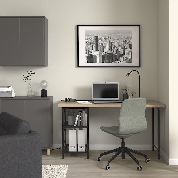 LAGKAPTEN / SPÄND desk, white stained oak effect/black, 140x60 cm